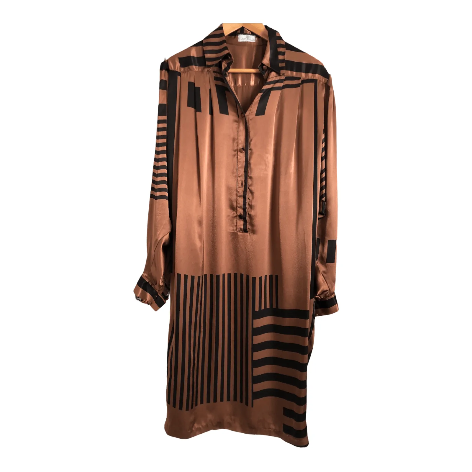 Jean Claude Paris Vintage Satin Long Sleeve Midi Shirt Dress Brown Black UK Size 16