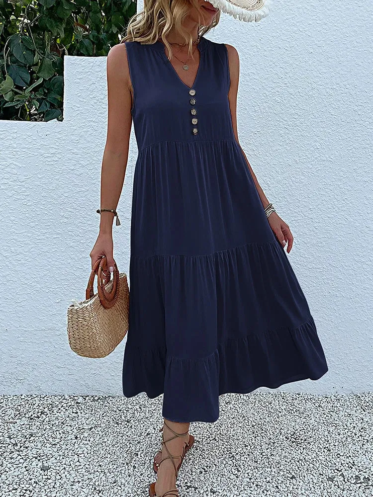JIM & NORA Women's Sleeveless Tank V Neck Ruffle Midi Dress