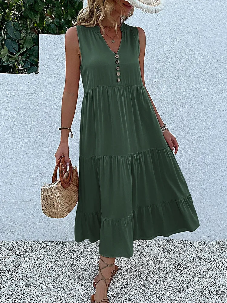 JIM & NORA Women's Sleeveless Tank V Neck Ruffle Midi Dress