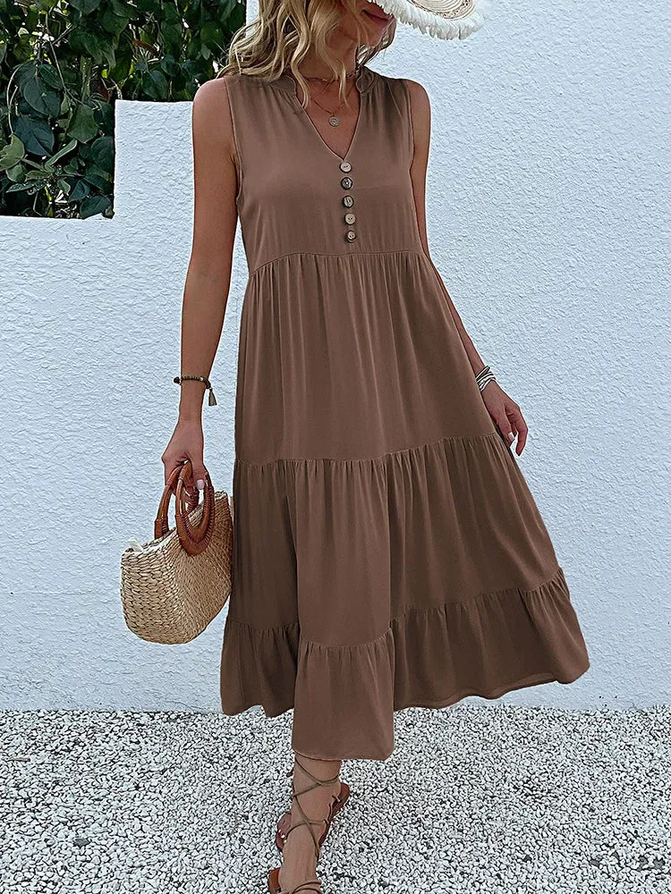JIM & NORA Women's Sleeveless Tank V Neck Ruffle Midi Dress