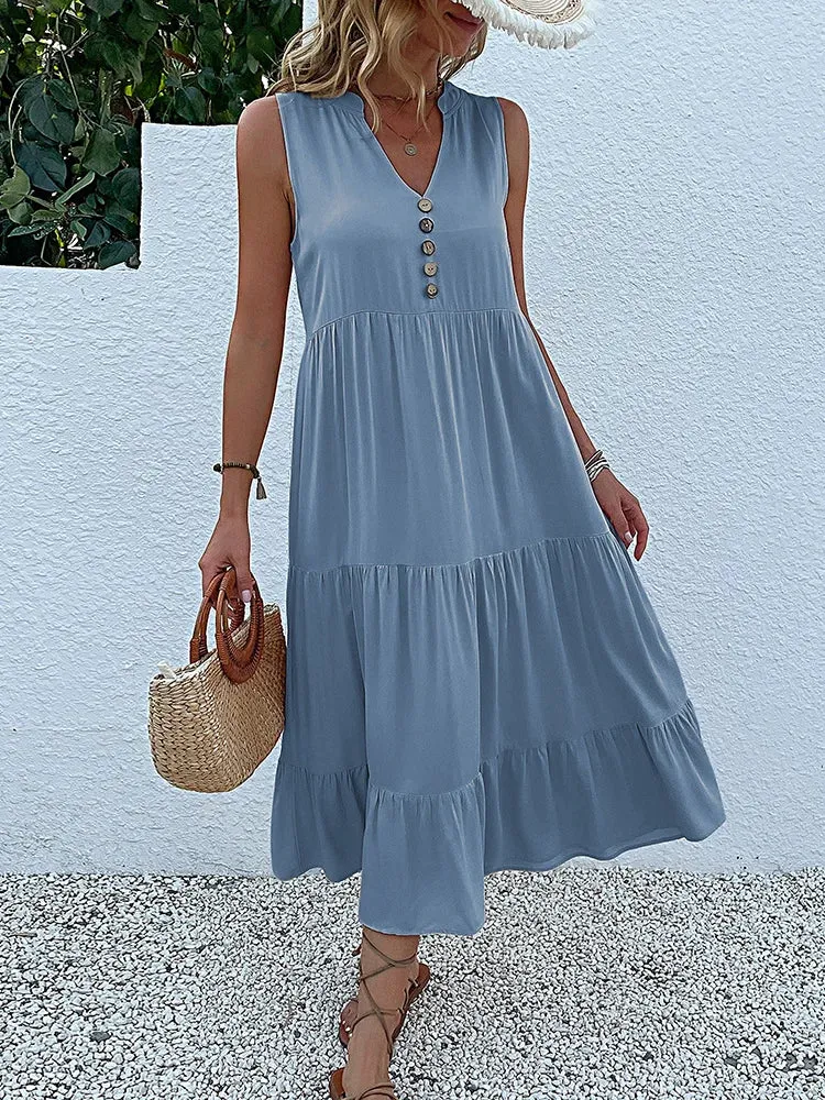 JIM & NORA Women's Sleeveless Tank V Neck Ruffle Midi Dress