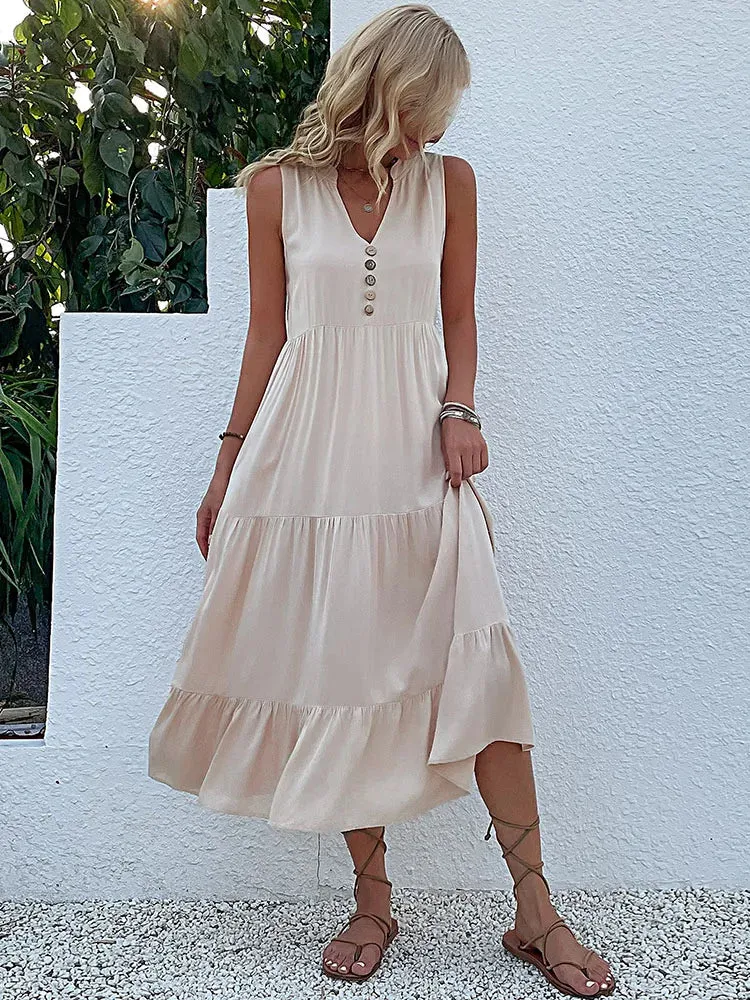 JIM & NORA Women's Sleeveless Tank V Neck Ruffle Midi Dress