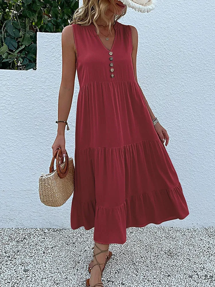 JIM & NORA Women's Sleeveless Tank V Neck Ruffle Midi Dress