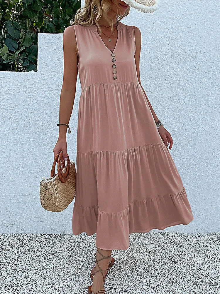 JIM & NORA Women's Sleeveless Tank V Neck Ruffle Midi Dress