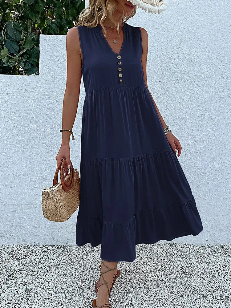 JIM & NORA Women's Sleeveless Tank V Neck Ruffle Midi Dress