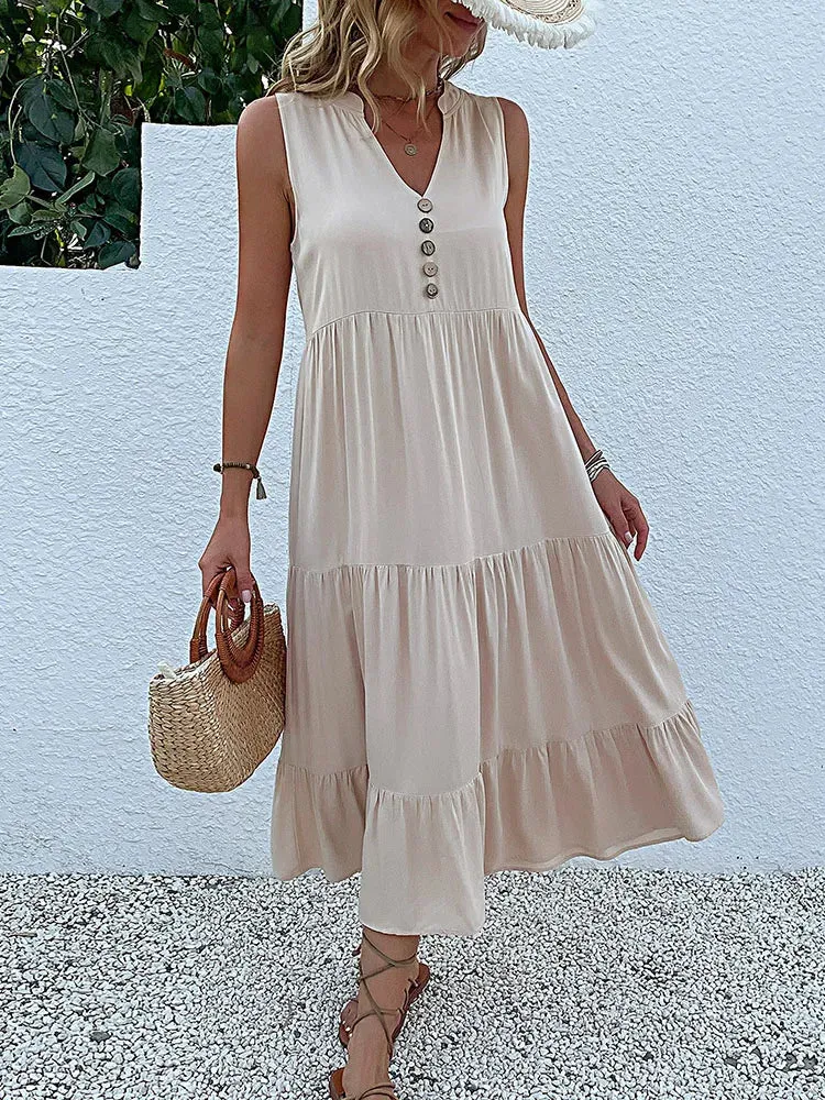 JIM & NORA Women's Sleeveless Tank V Neck Ruffle Midi Dress