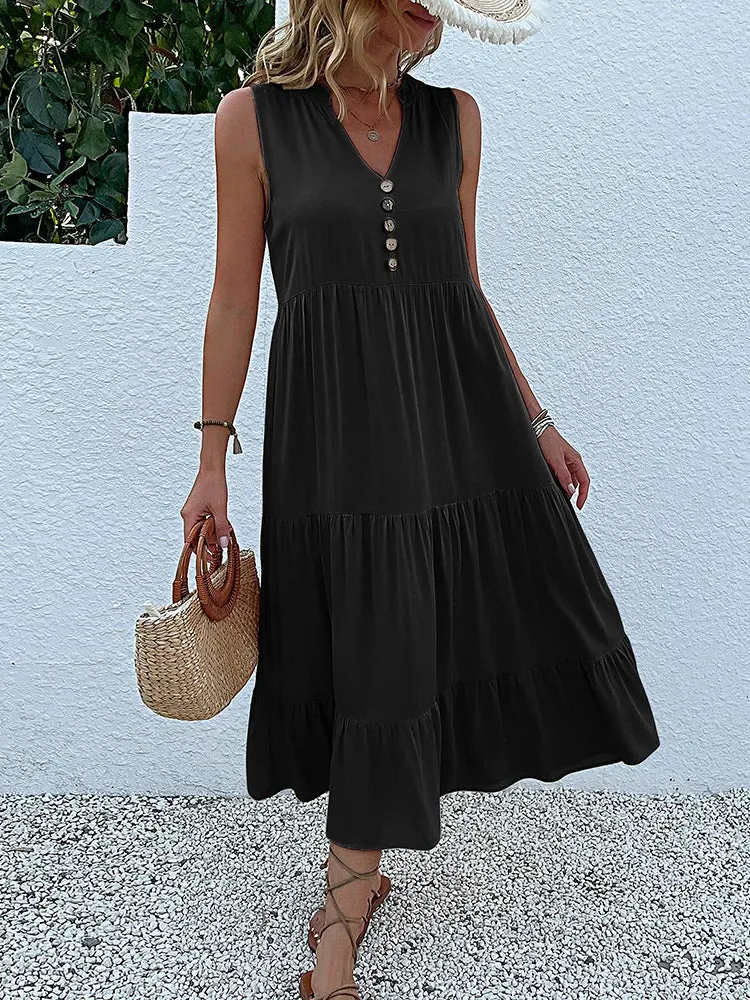 JIM & NORA Women's Sleeveless Tank V Neck Ruffle Midi Dress