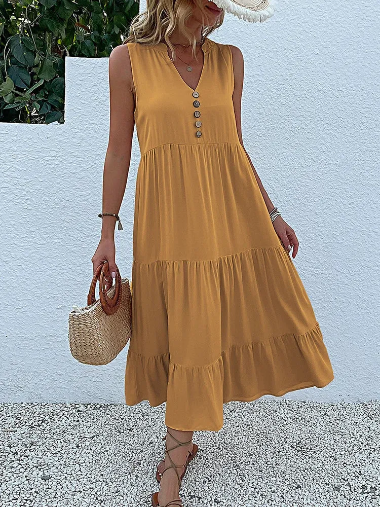 JIM & NORA Women's Sleeveless Tank V Neck Ruffle Midi Dress