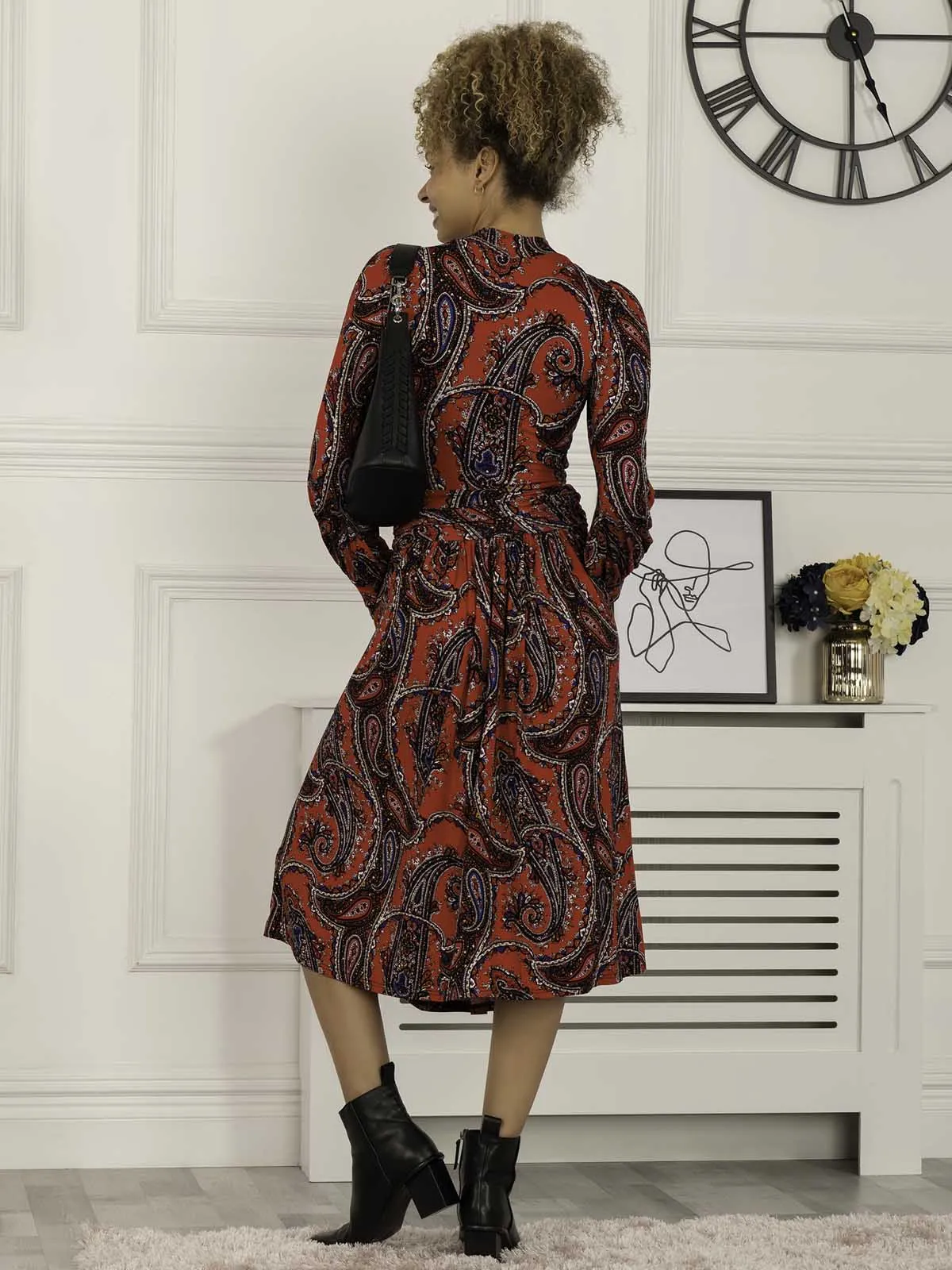 Judith Polo Neck Midi Dress, Red Multi