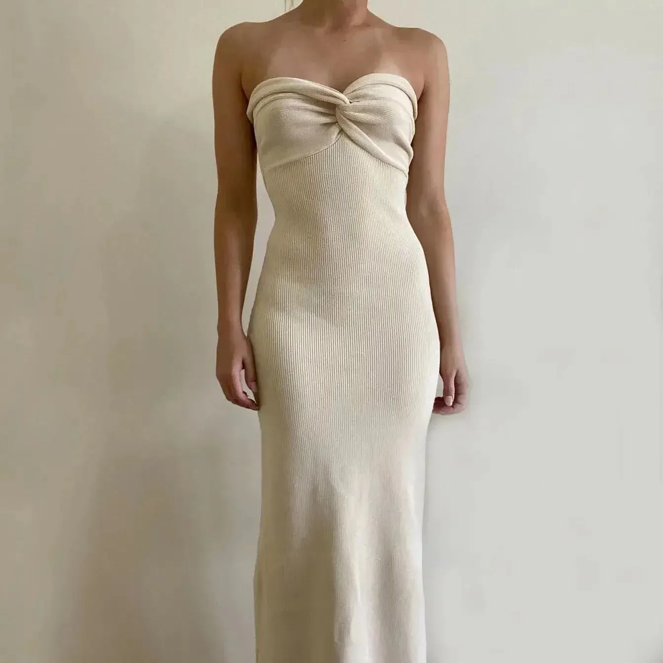 Knitting Twist Party Summer Knit Backless Off-Shoulder Maxi 2024 Strapless Beach Bodycon Dress