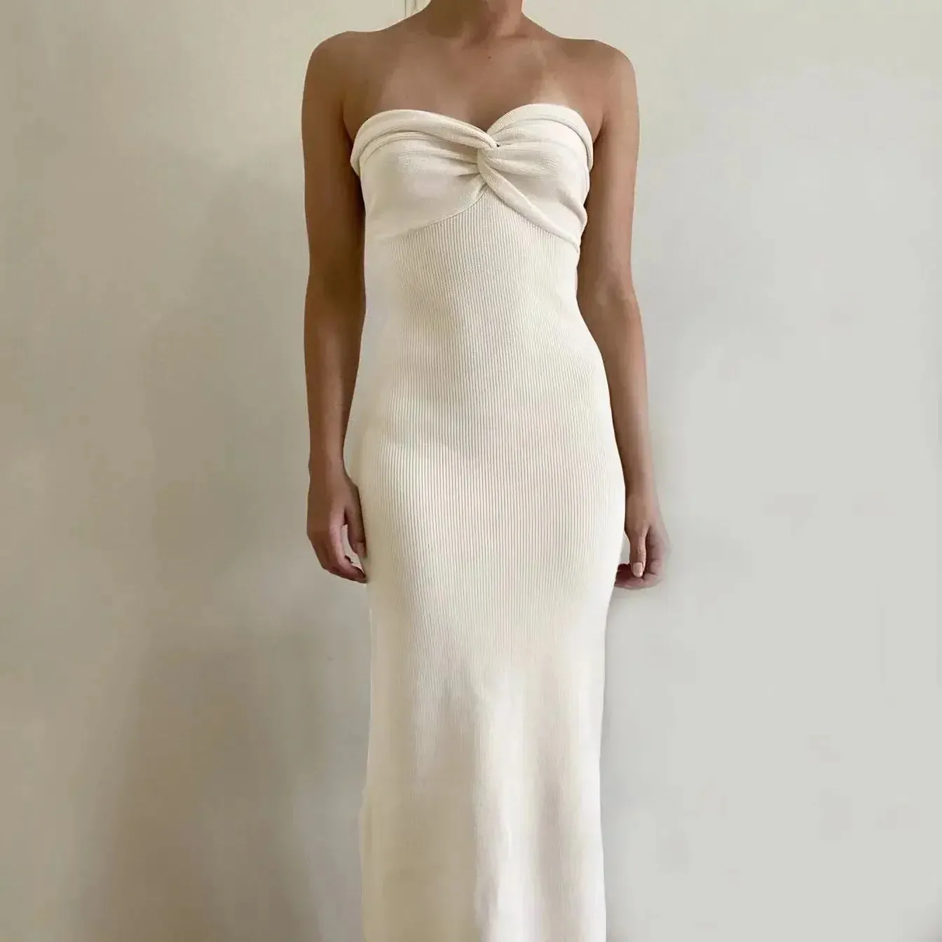 Knitting Twist Party Summer Knit Backless Off-Shoulder Maxi 2024 Strapless Beach Bodycon Dress