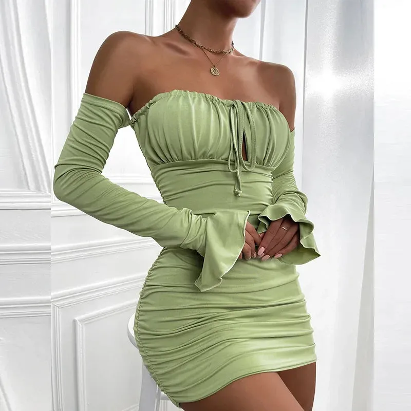 Lace Club Dresses Shoulder Mini Backless 2024 Sleeve Long Flare Autumn Sexy Women Party Up Off Ruched Dress