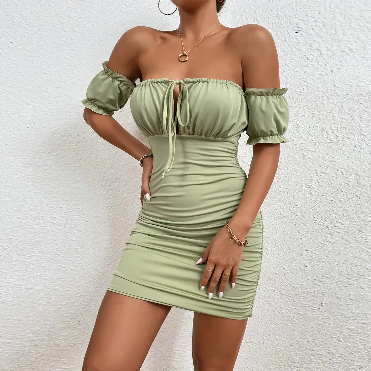 Lace Club Dresses Shoulder Mini Backless 2024 Sleeve Long Flare Autumn Sexy Women Party Up Off Ruched Dress