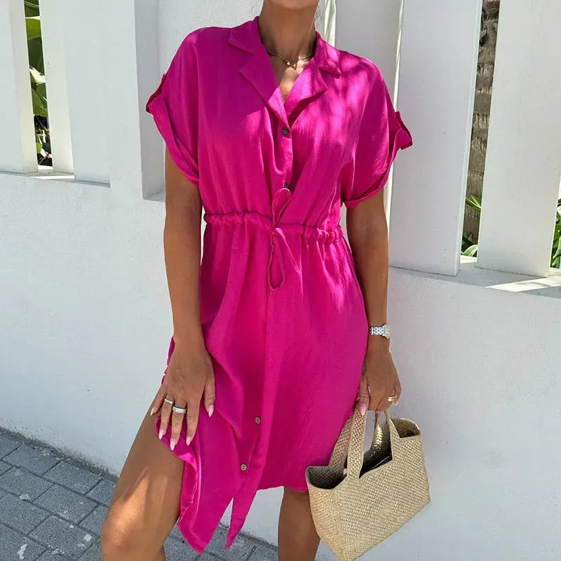 Lady Lapel Solid Shirt Summer Short Sleeved Lace Up Midi Casual Split Party Office Dress