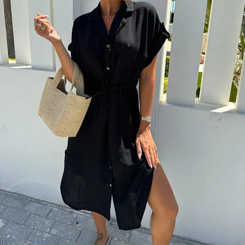 Lady Lapel Solid Shirt Summer Short Sleeved Lace Up Midi Casual Split Party Office Dress
