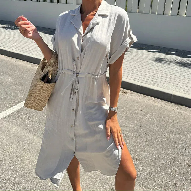Lady Lapel Solid Shirt Summer Short Sleeved Lace Up Midi Casual Split Party Office Dress