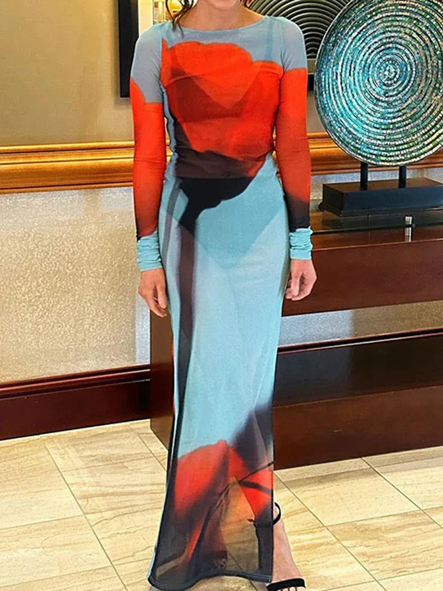 Long Sheer Mesh Long Sleeve Boat Neck Floral Print Midi Side Split Casual Boydcon Dress