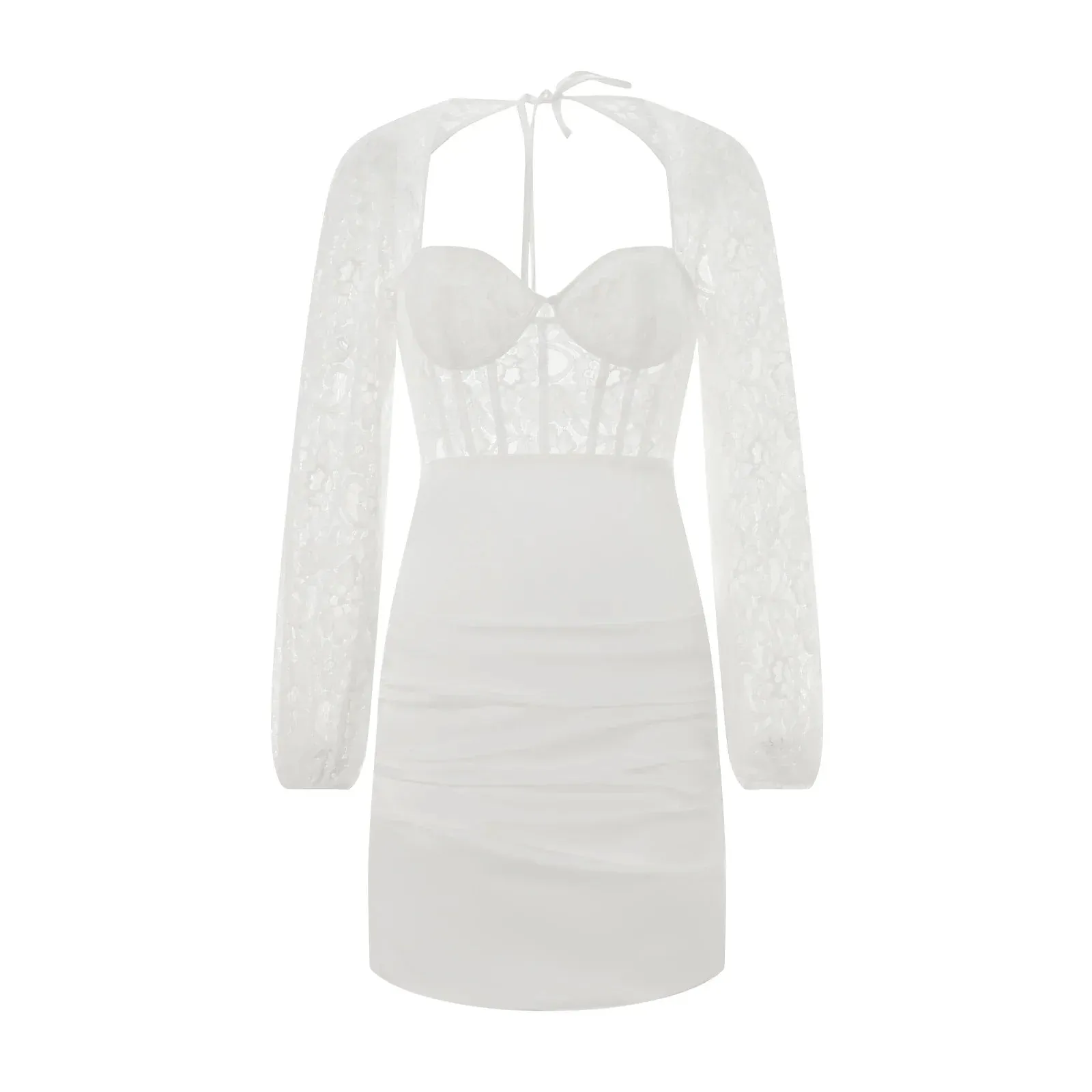 Long Sleeve Low Cut Ruched Lace Floral Backless Lace up Cocktail es Summer Spring Dress
