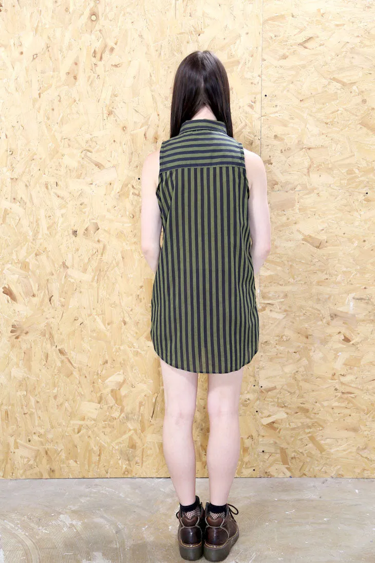 LOOT LABEL Khaki Striped Sleeveless Shirt Dress