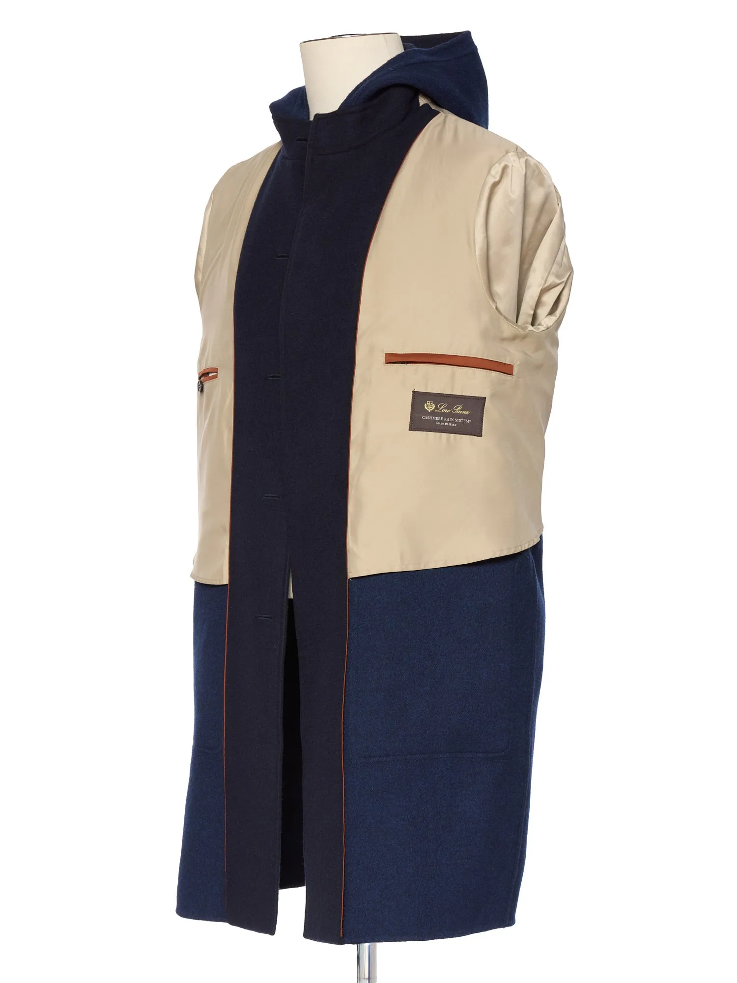 LORO PIANA Blue Cashmere Rain System Hooded Parka Jacket Duffle Coat M