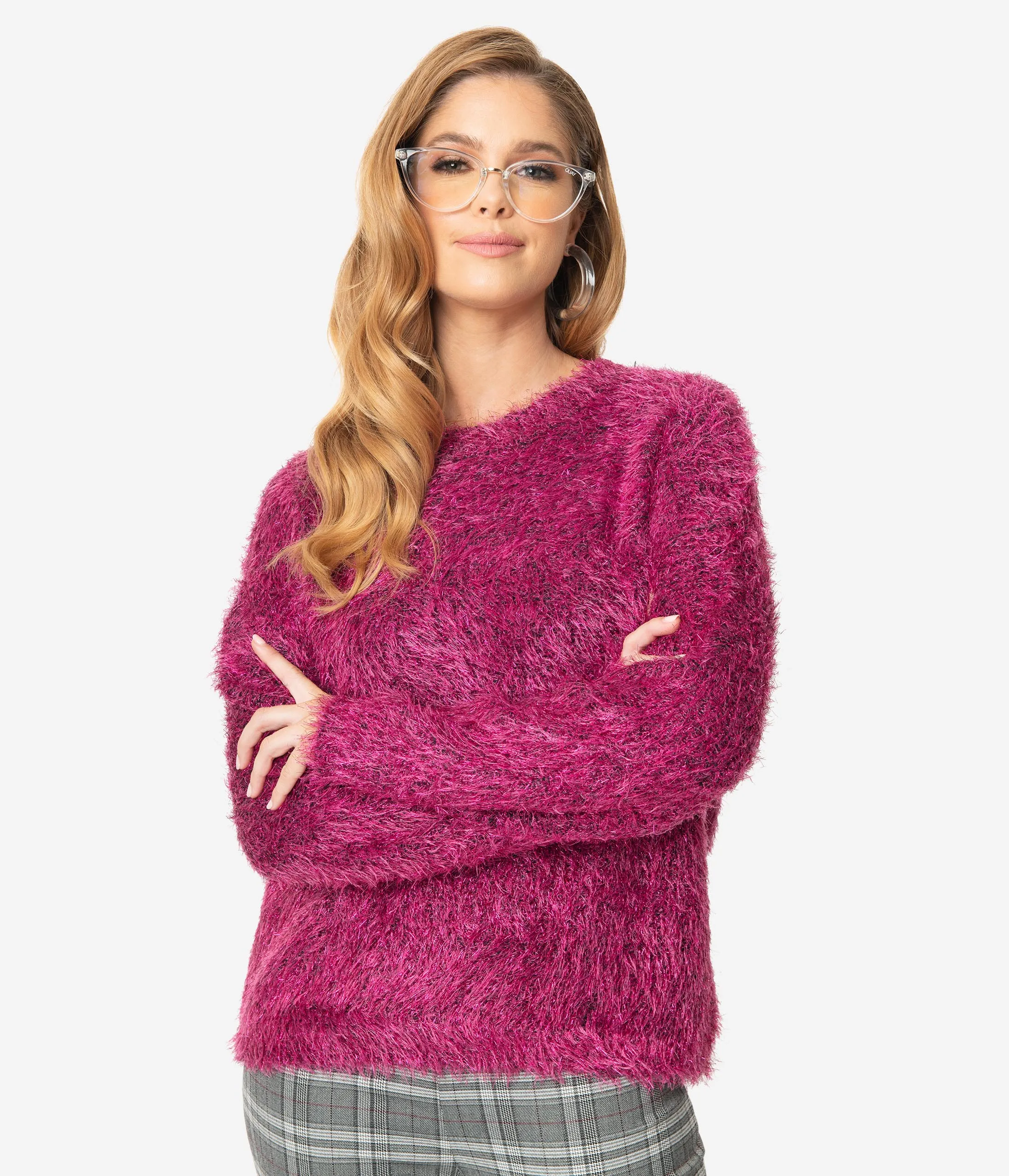 Magenta Fuzzy Sparkle Long Sleeve Pullover Sweater
