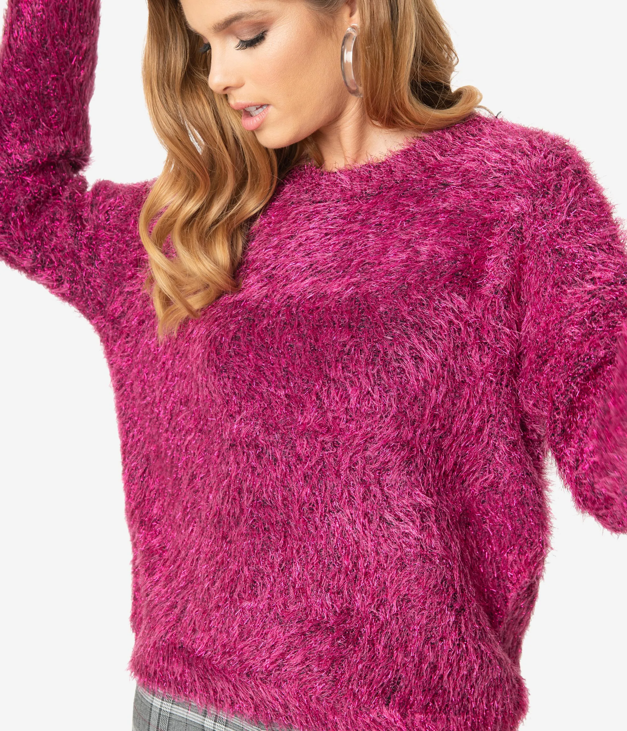 Magenta Fuzzy Sparkle Long Sleeve Pullover Sweater