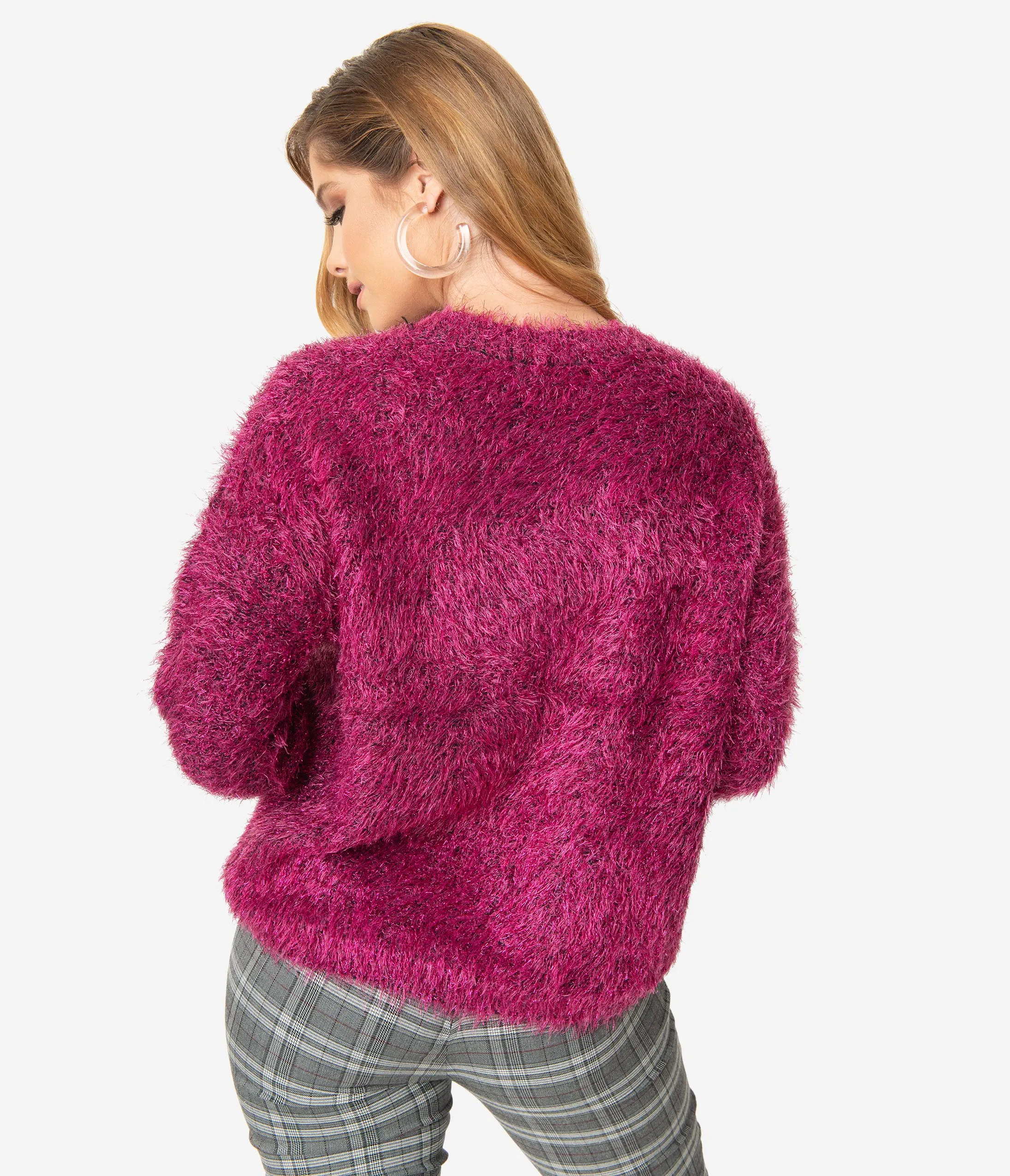 Magenta Fuzzy Sparkle Long Sleeve Pullover Sweater