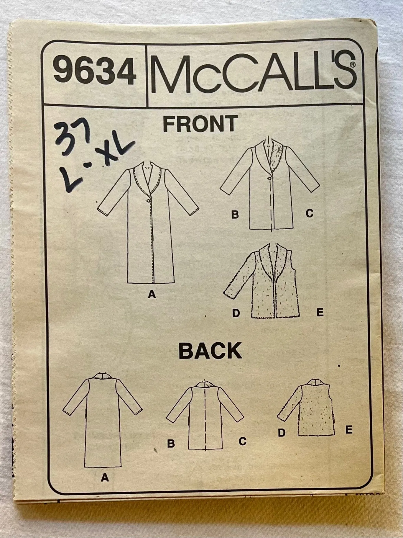 McCall's 9634 UNCUT Coat Sizes L-XL