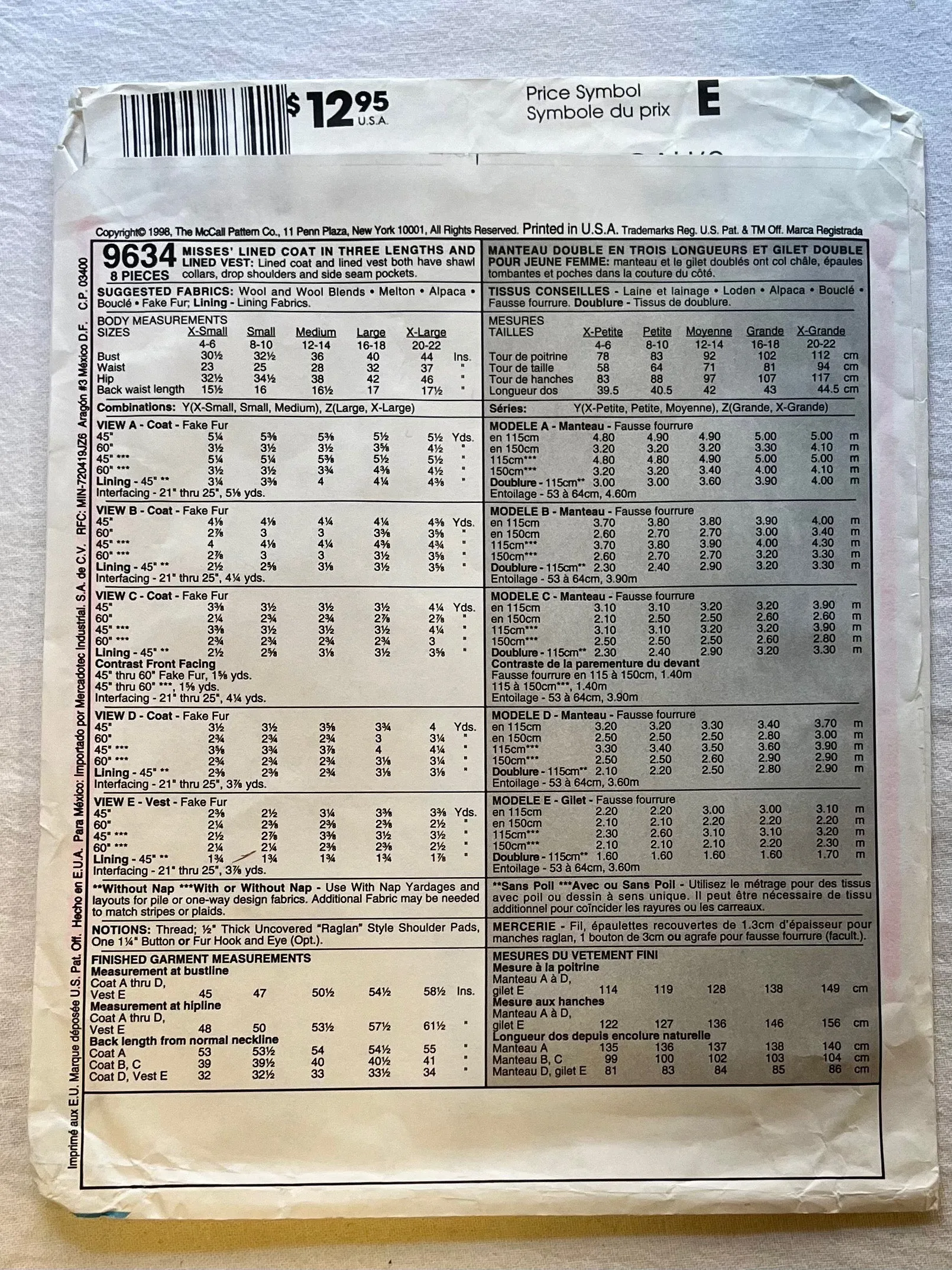 McCall's 9634 UNCUT Coat Sizes L-XL