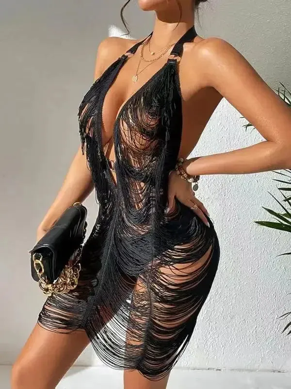Neck Sexy Cover Deep Halter V Evening 2024 Neck Sleeveless Tassel Ups Backless Dress