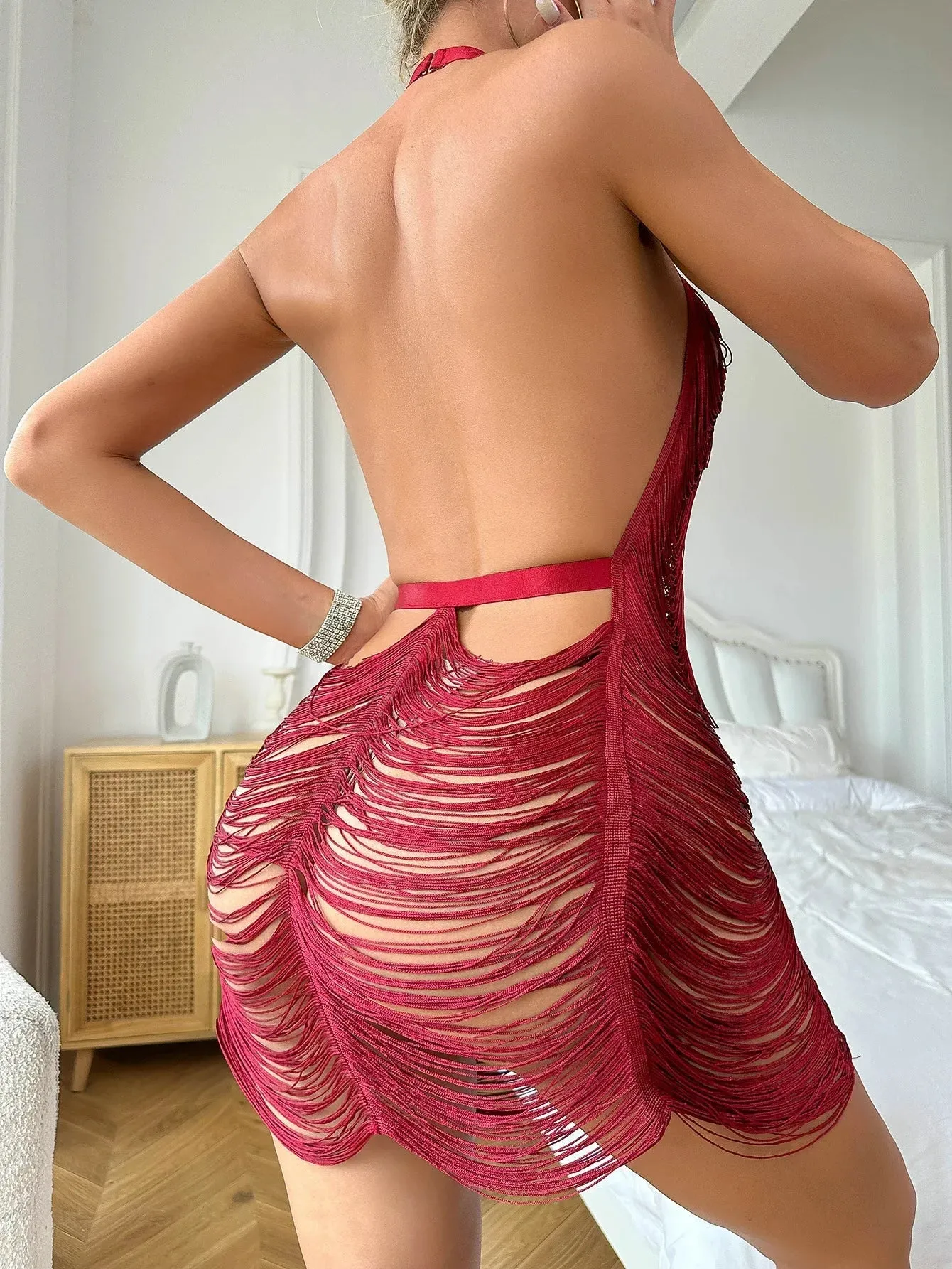Neck Sexy Cover Deep Halter V Evening 2024 Neck Sleeveless Tassel Ups Backless Dress