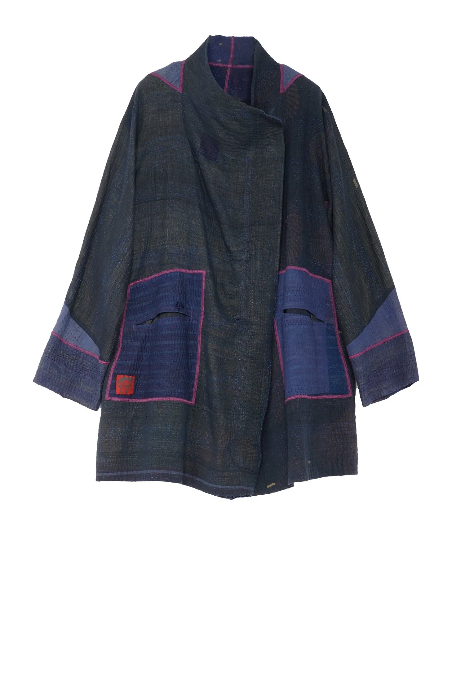OMBRE PATCHED KANTHA FUNNEL COLLAR COAT