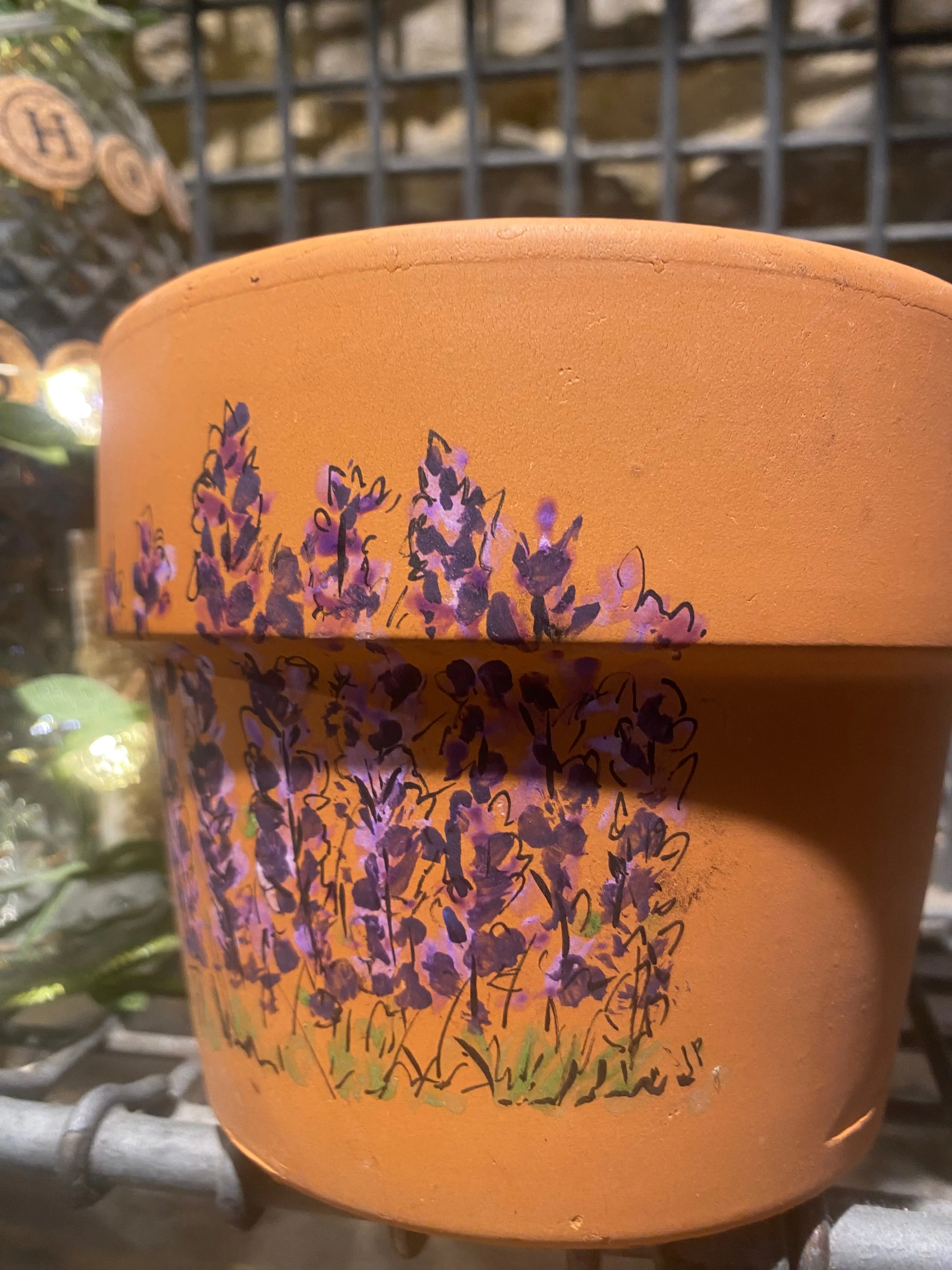 Original watercolour and pen painting on a terracotta flower pot