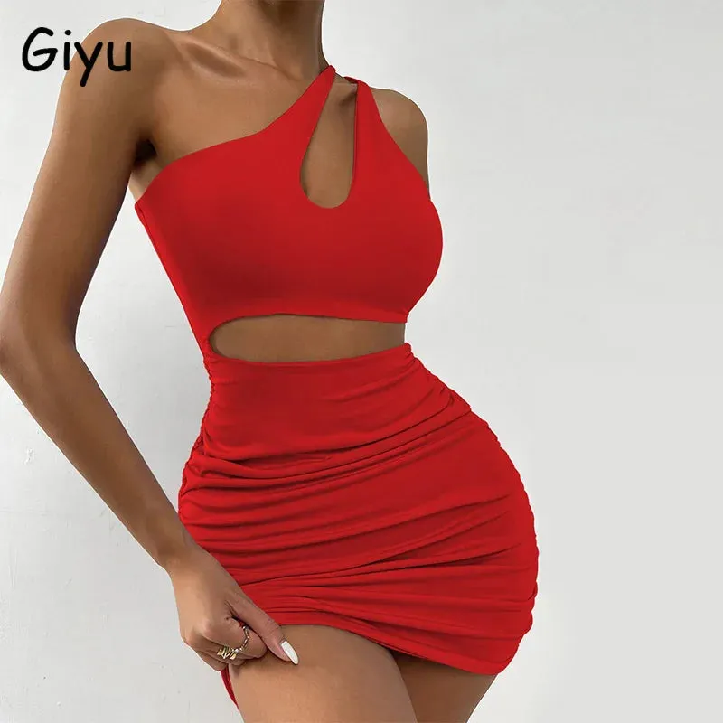 Out One Club Hollow Ruched Women Short Vestidos 2024 Party Dresses Backless Shoulder Sexy Mini Dress