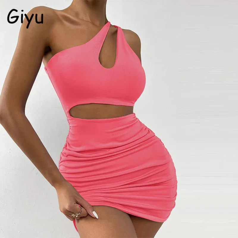 Out One Club Hollow Ruched Women Short Vestidos 2024 Party Dresses Backless Shoulder Sexy Mini Dress