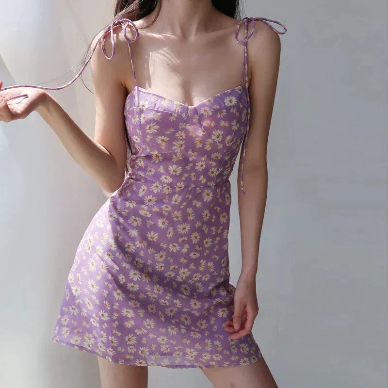 Pastoral New Summer Casual Suspender Retro High-Waisted Women's Floral Lace-up Style Slim Dress Dress