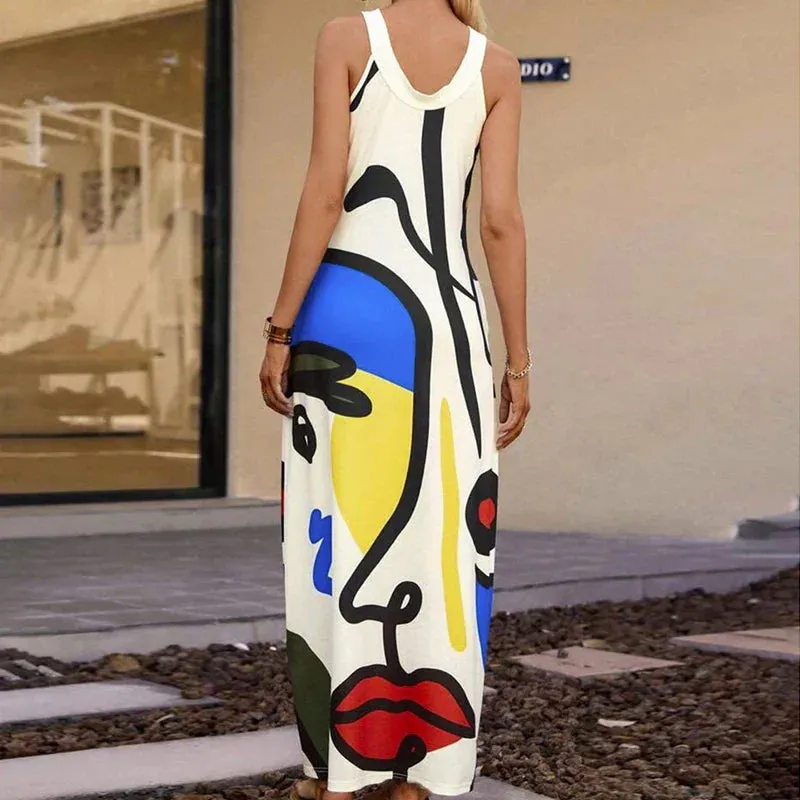 Pattern Printed Halter Swing Casual Hollow Summer Abstract Dress