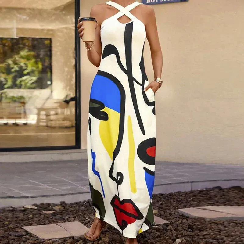 Pattern Printed Halter Swing Casual Hollow Summer Abstract Dress