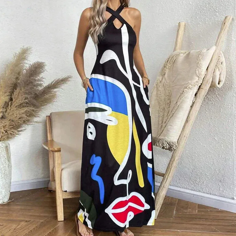Pattern Printed Halter Swing Casual Hollow Summer Abstract Dress