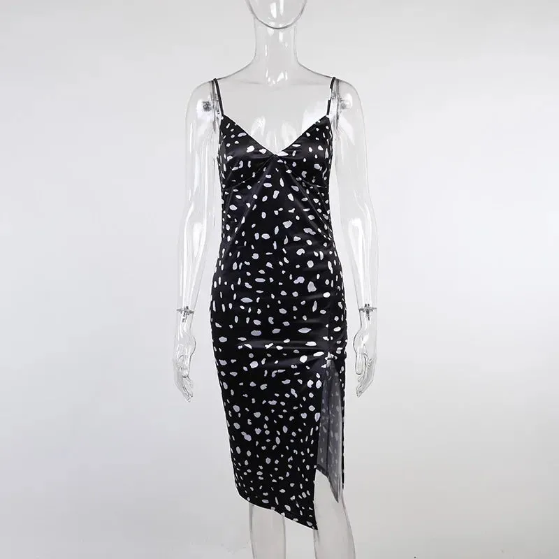 Sexy High Split Sun Dot Printed V-neck Sleeveless Backless Bodycon Slim Fit Long Clubwear Summer Boho Dress