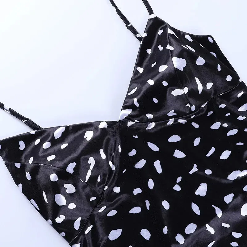 Sexy High Split Sun Dot Printed V-neck Sleeveless Backless Bodycon Slim Fit Long Clubwear Summer Boho Dress