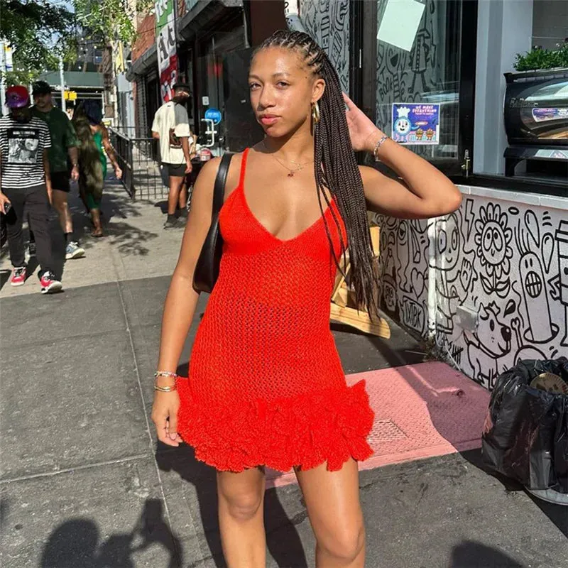 Sexy Knit Hipster Mini Dress with Pleated Hem and Deep V-Neck