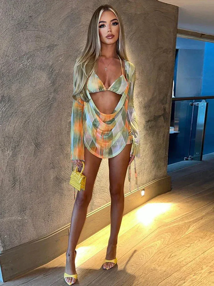 Sexy Sleeve Crop Top Mini Skirts Bra Slim Three Set Spring Summer 2 Piece Dress