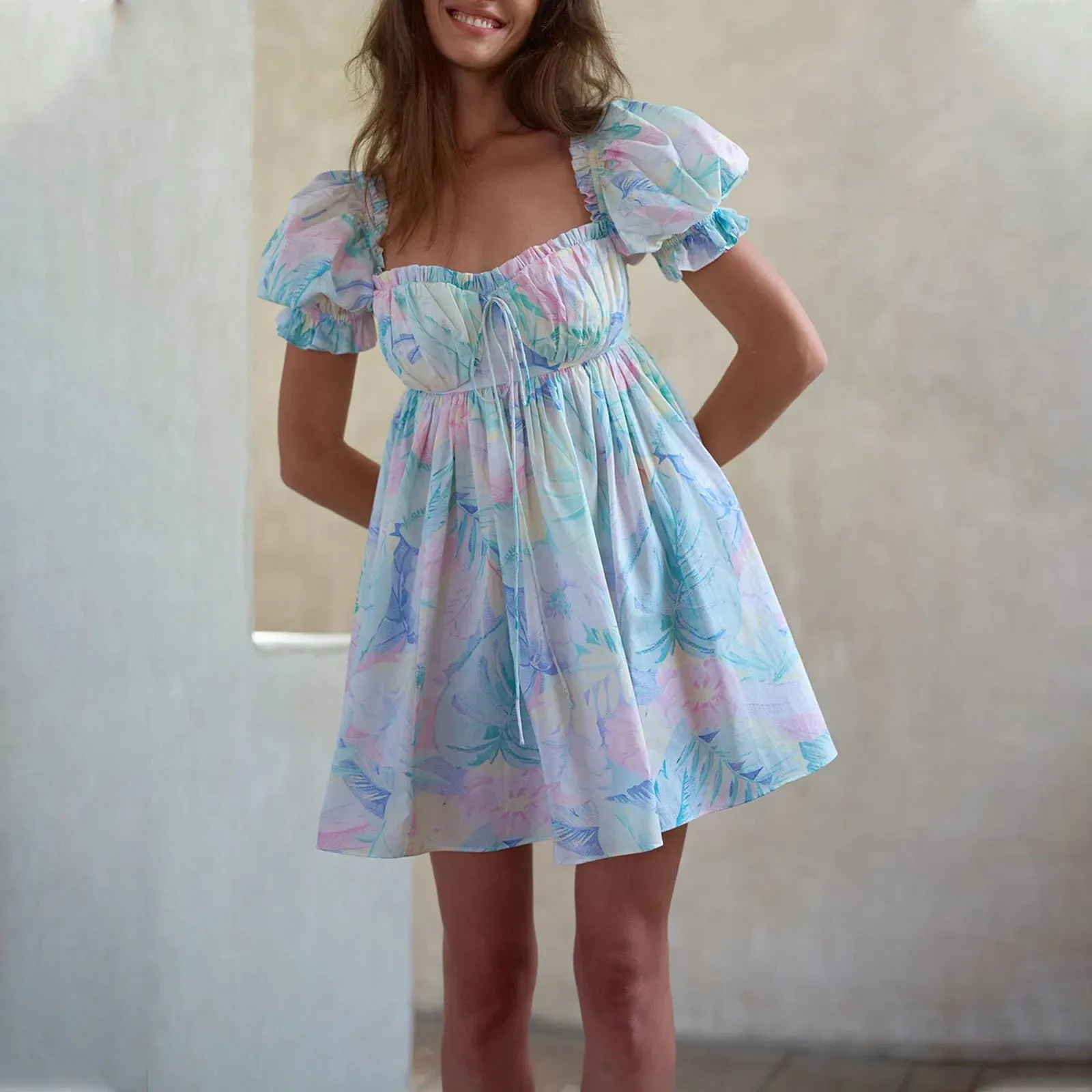 Sleeve Mini Casual Tie-Up Front Floral Print A-line Cute Swing Fairycore Streetwear Summer Puff Dress
