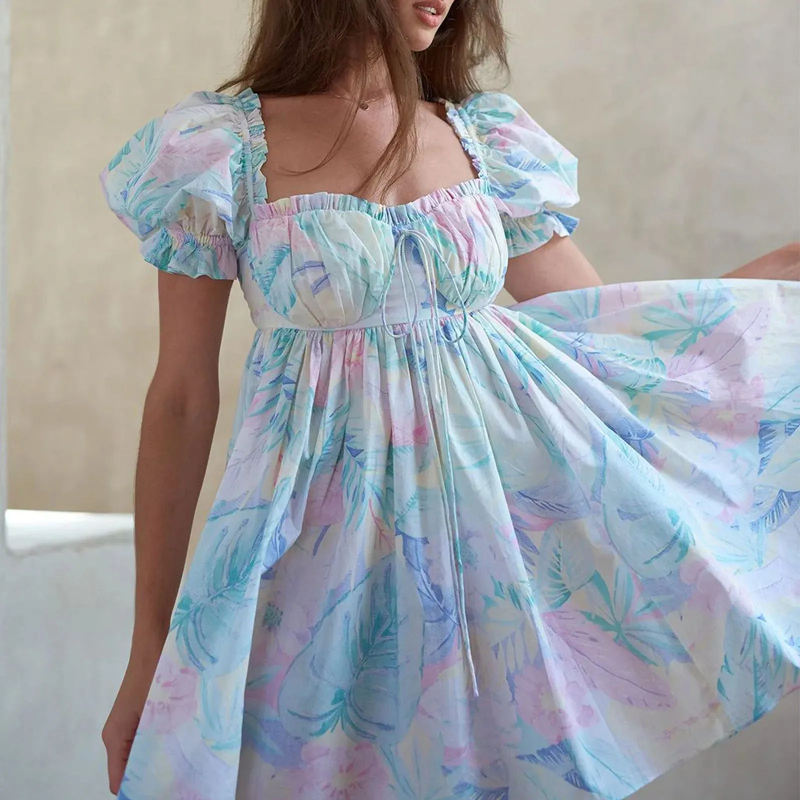 Sleeve Mini Casual Tie-Up Front Floral Print A-line Cute Swing Fairycore Streetwear Summer Puff Dress