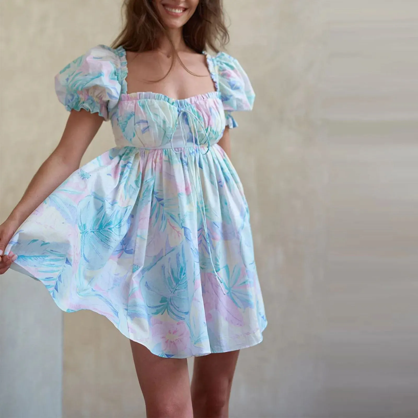 Sleeve Mini Casual Tie-Up Front Floral Print A-line Cute Swing Fairycore Streetwear Summer Puff Dress