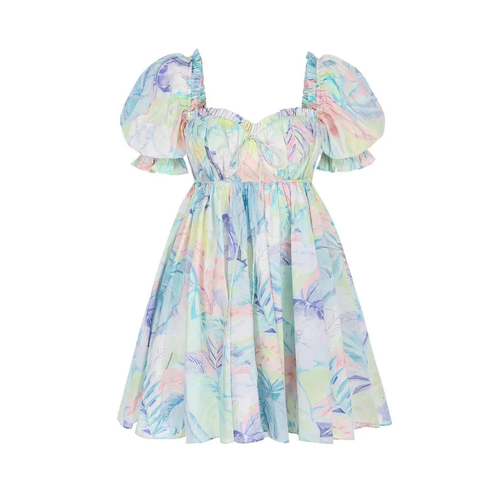 Sleeve Mini Casual Tie-Up Front Floral Print A-line Cute Swing Fairycore Streetwear Summer Puff Dress