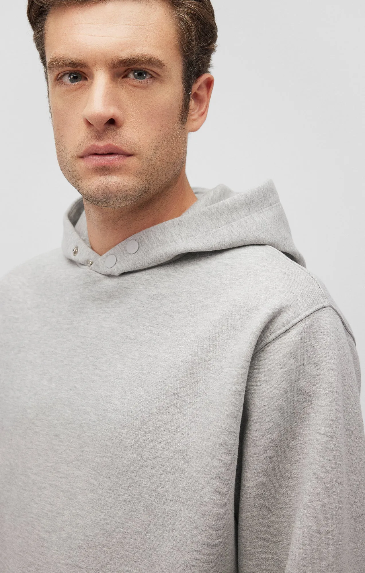 SNAP-BUTTON HOODIE IN LIGHT GREY MELANGE