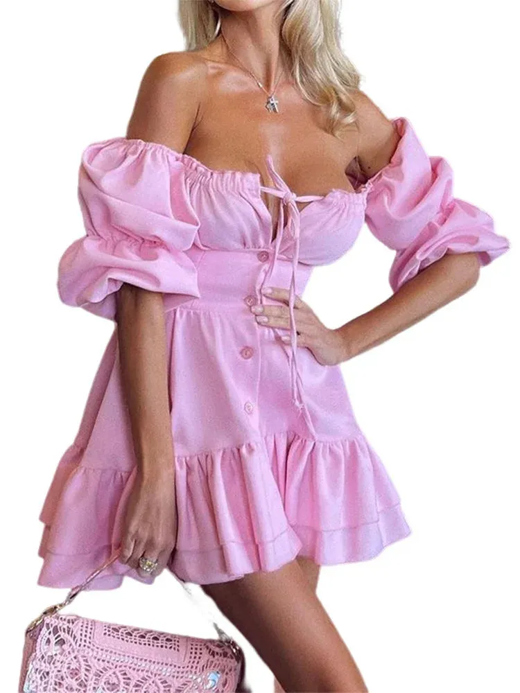 Solid Color Short Sleeve Tube Top Mini Dress for Nightclub Beach Vacation Party