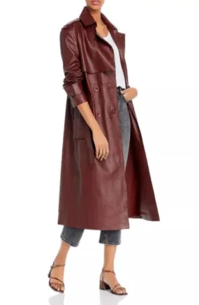 Terri Burgundy Leather Long Trench Coat Women Outfit